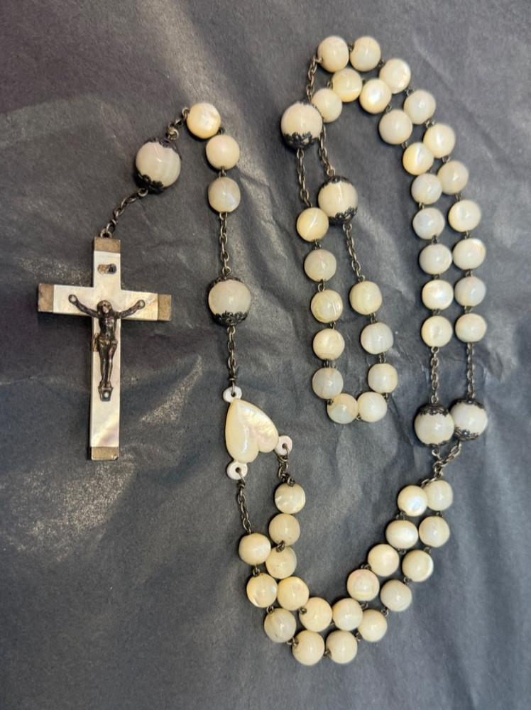 Victorian Big Rosary Filigree Silver MOP Mother Of Pearl Communion 2'' Crucifix