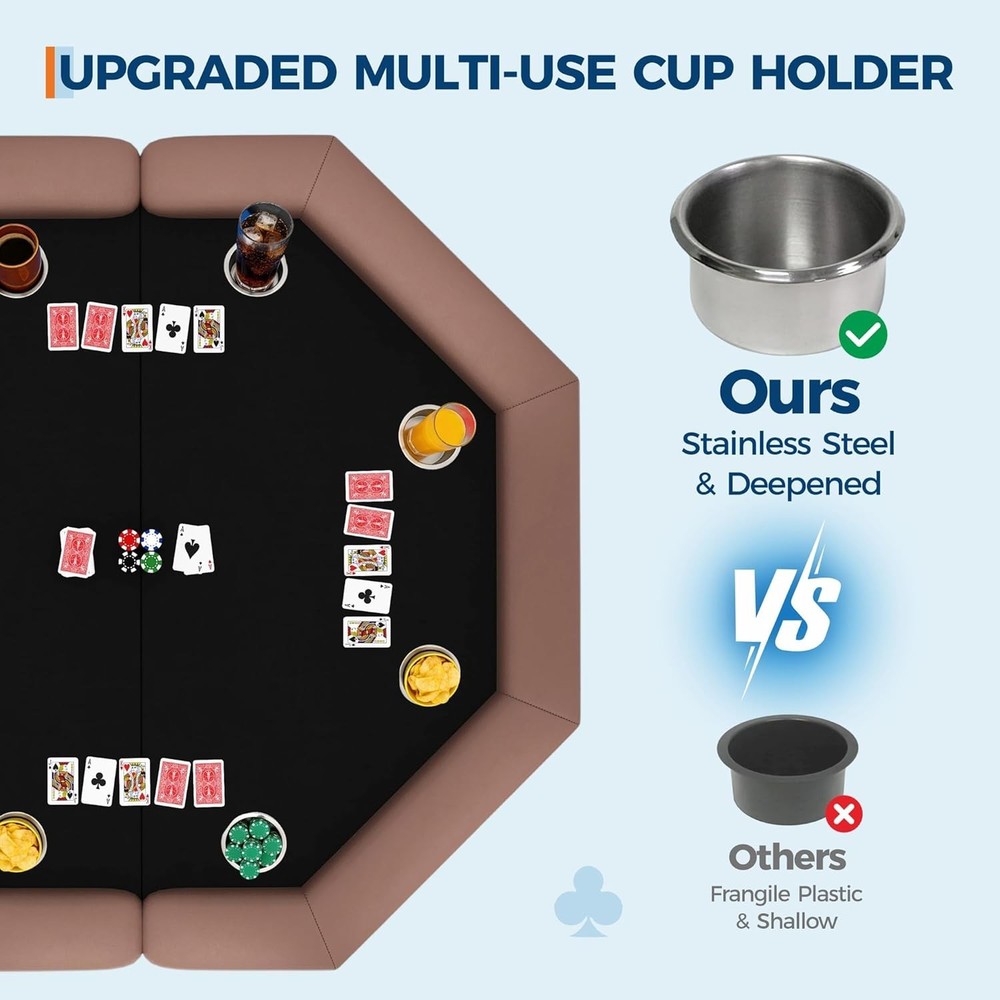 Complete 8-Player Poker Set: Foldable Octagon Table W/ Padded Rail & Cup Holder