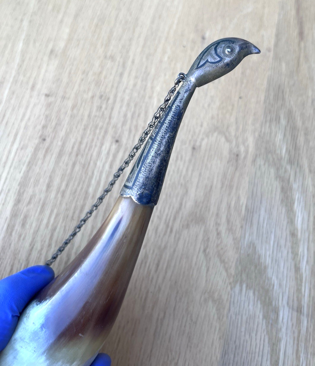 Vintage Russian Viking Caucasian Drinking Horn Sterling Silver Bird Head Chain