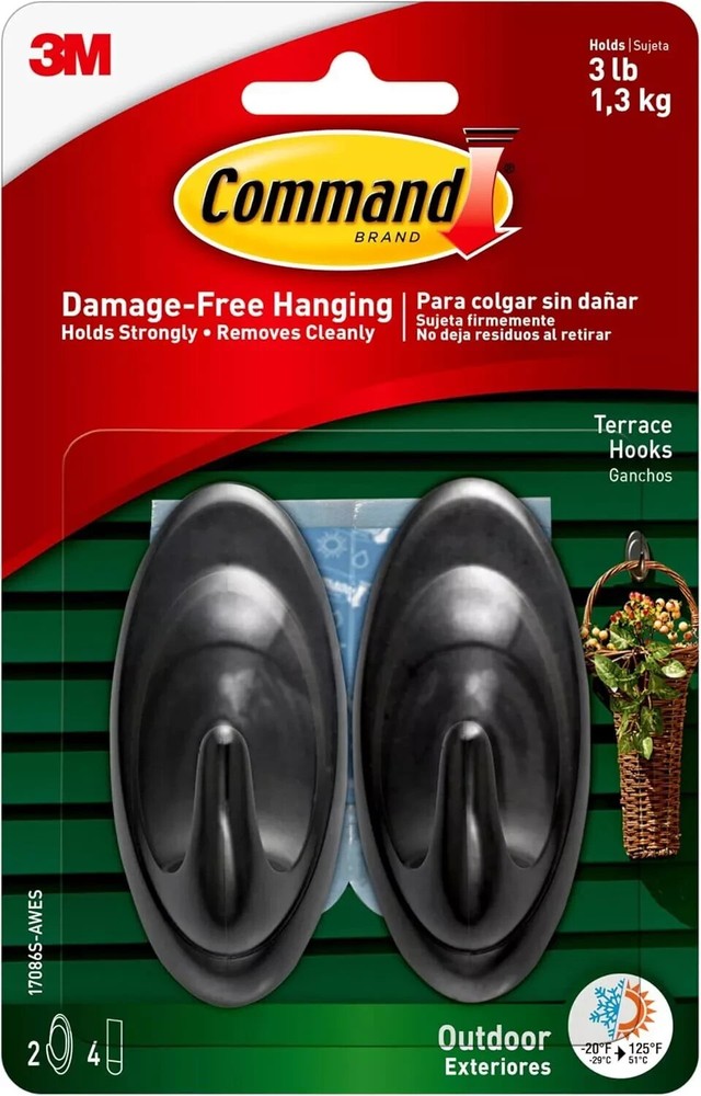 Command Outdoor Medium Terrace Hooks, Black, 3 lb 2 Hooks & 4 Strips, 0