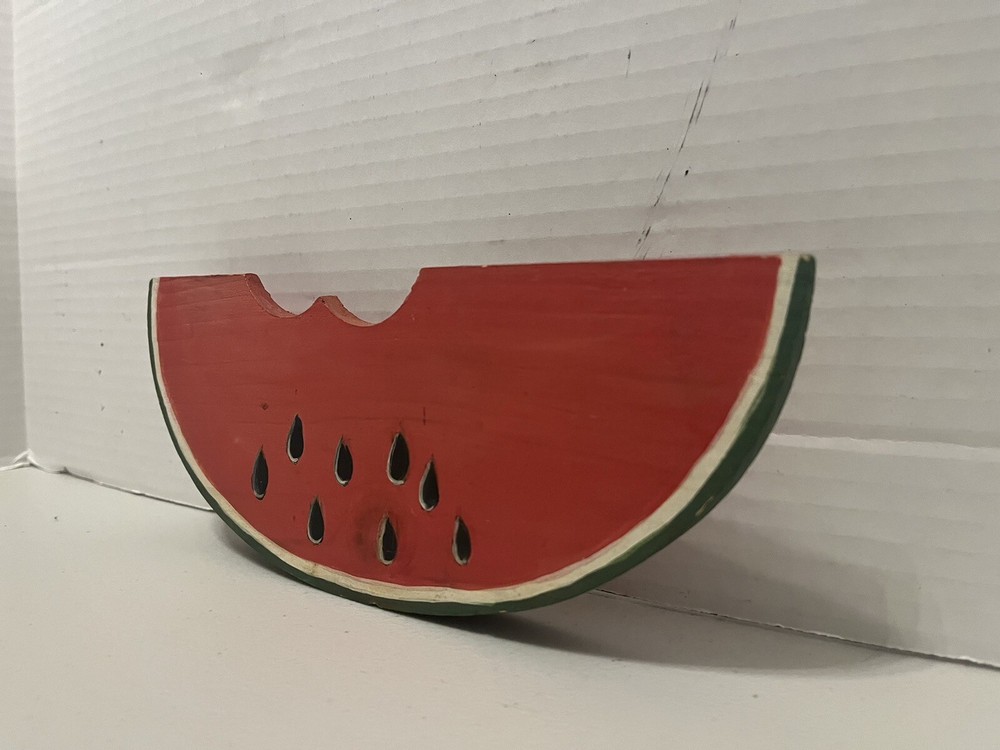 Folk Art Watermelon Slice Carved Wood Decor Rustic Primative Signed Initials ￼