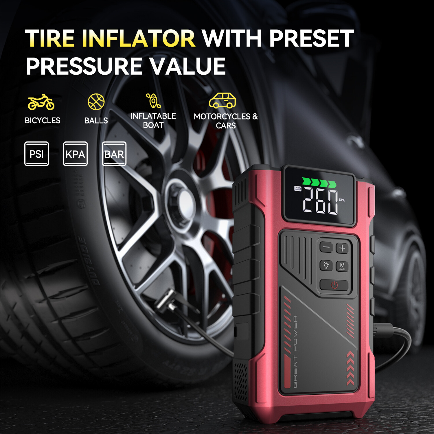 Car Jump Starter with Air Compressor Battery Pack Charger Tire Inflator 7000Amp