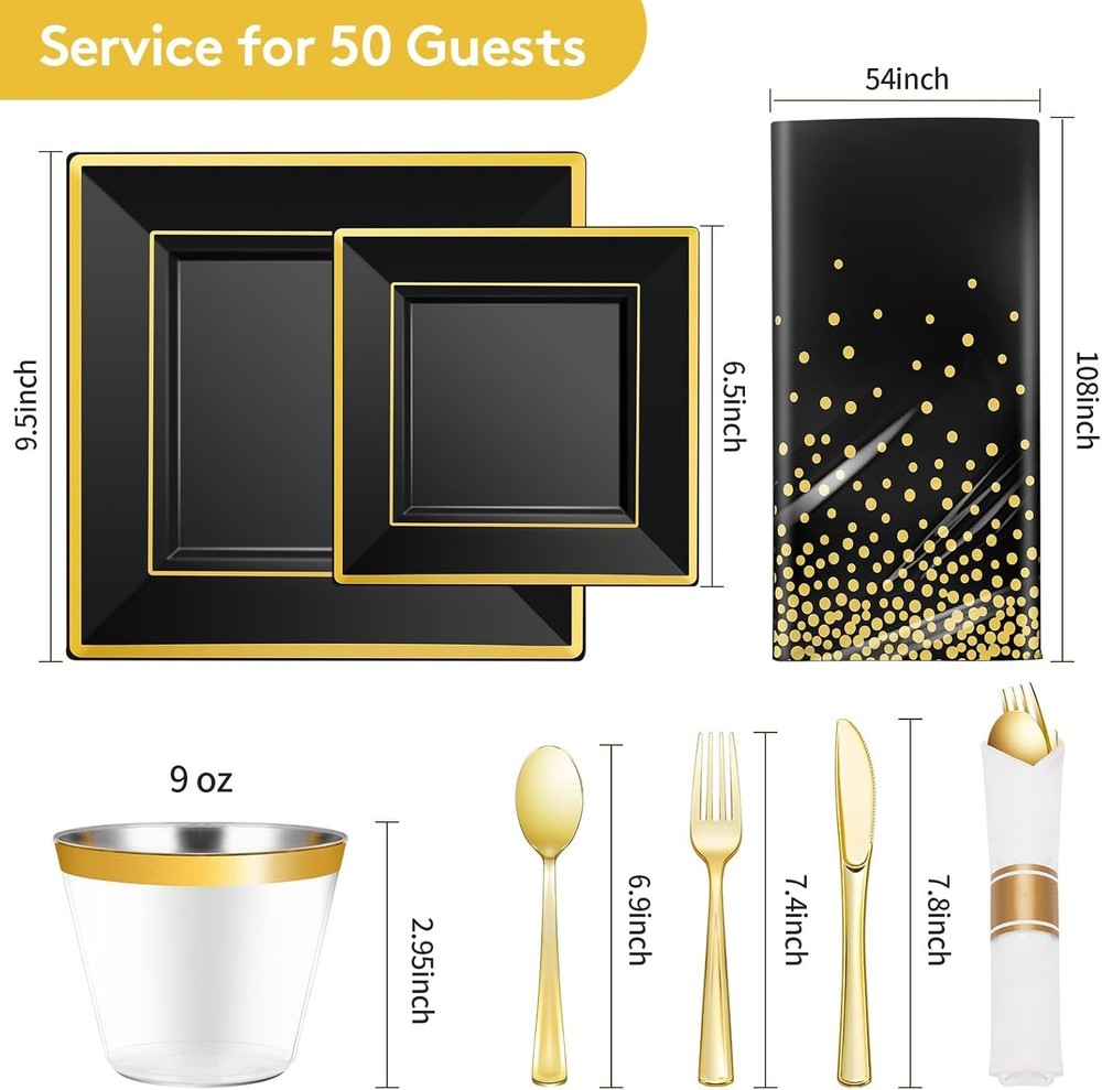352 Piece Black Dinnerware Set for 50 Guests, Black Square Plastic Plat