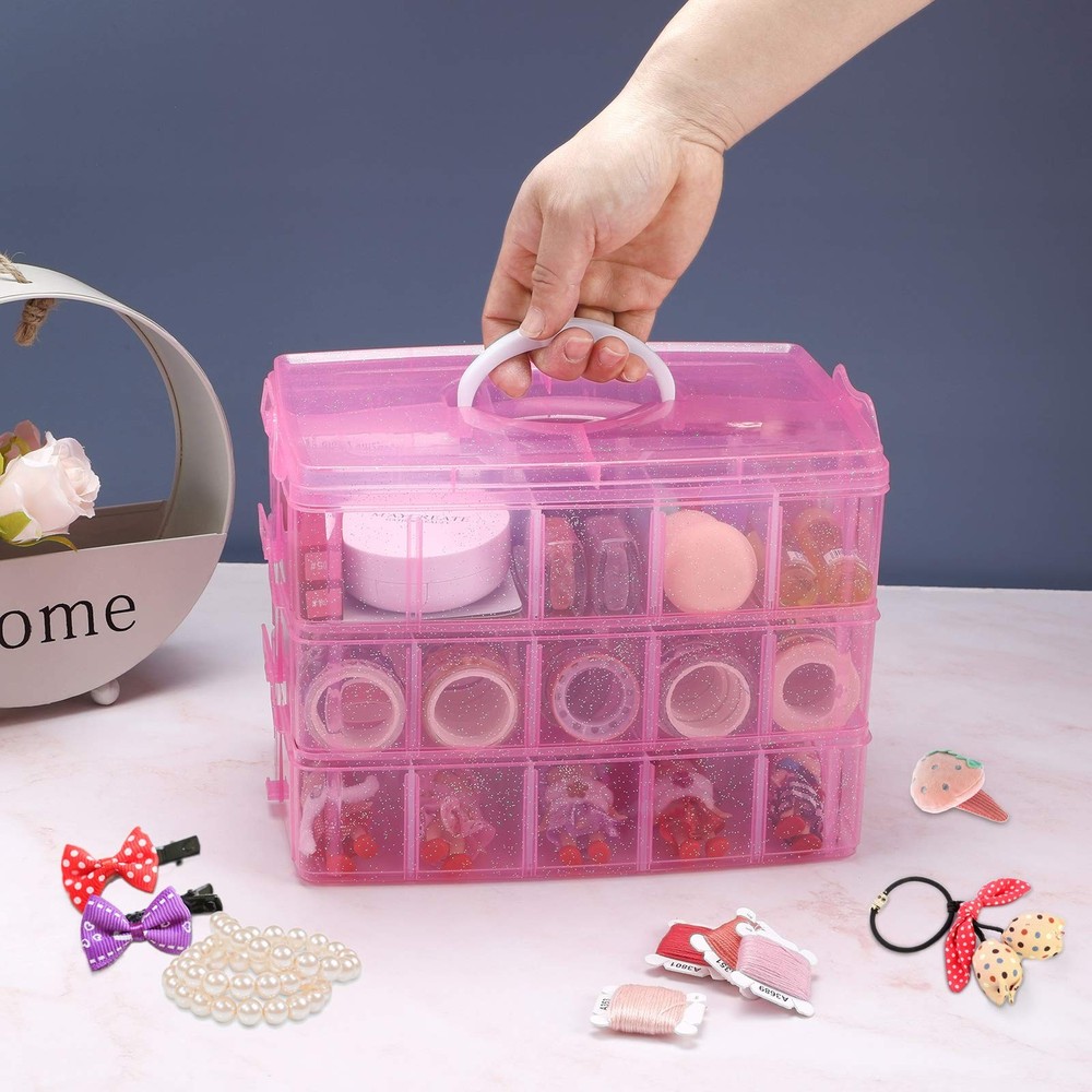 SGHUO Bead Organizers and Storage 3-Tier Pink Craft Container Stackable Box w...
