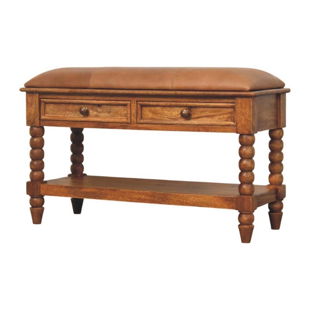 Leather Spindle Storage Bench - Amber Oak