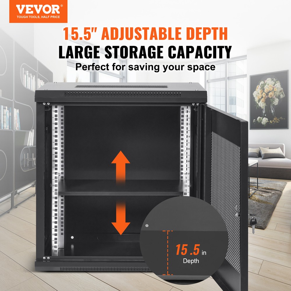 VEVOR 12U Wall Mount Network Server Rack Cabinet Enclosure 15.5'' Deep Door Lock