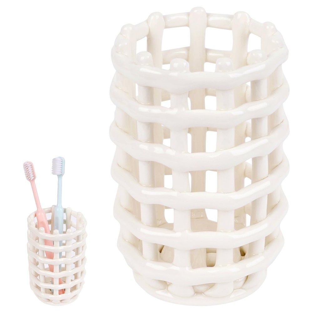 Ceramic Toothbrush Holder, Boho Woven Grid Bathroom Cup, Breathable Openwork ...
