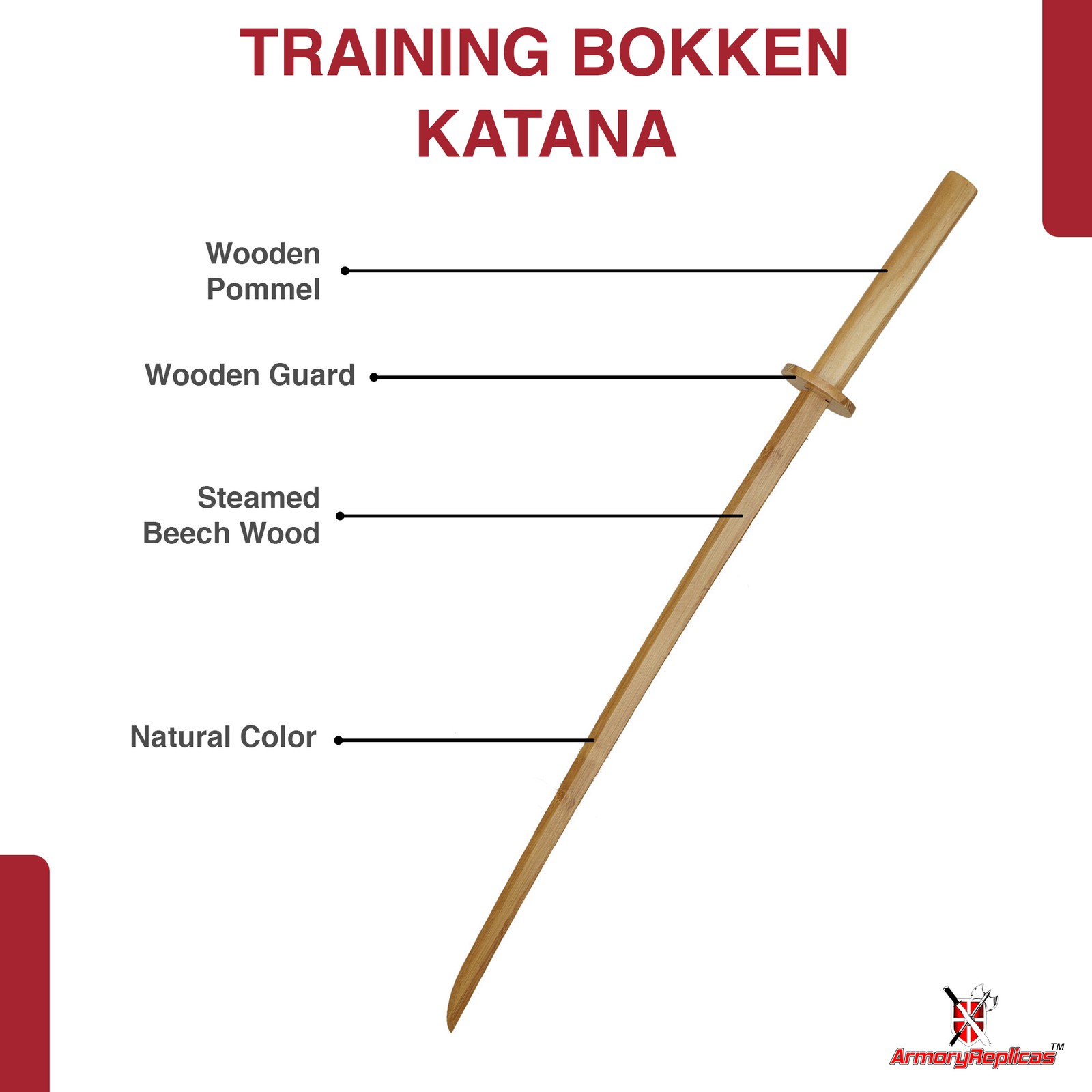 40" Wooden Practice Sword Bokken Katana - Martial Arts Kendo Training Prop