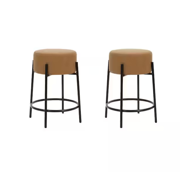 24 in. Counter Height Bar Stool with Padded Faux Leather Seat Brown/Black - 2ct