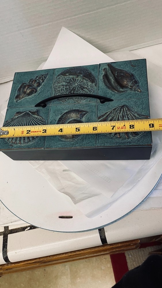 Beach Winter Blue Rectangular Decorative Bamboo Box Shells on Handmade lid 9x 6"