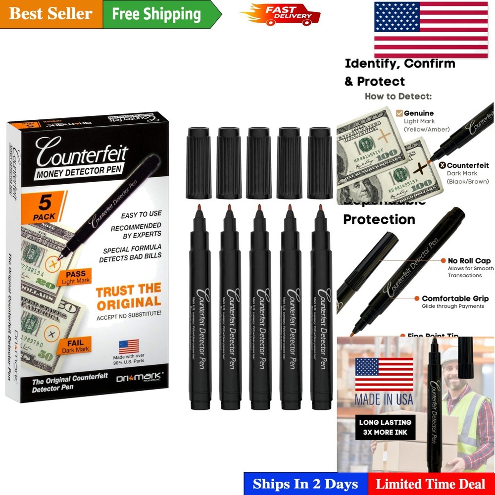 Durable 5-Pack Counterfeit Bill Tester Pens - Fast Detection & Prevention