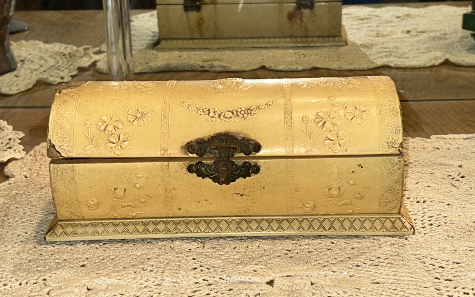 Antique Jewelry Box Engraved Angel Celluloid Wrapped Wood 9x 3.75 Oval Quite Old