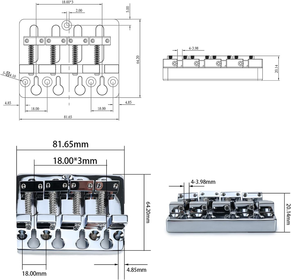 Solid Brass 4 String Bass Fixed Bridge Fit Jazz / Precision Bass