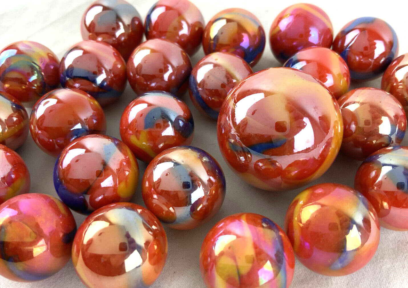 25 Glass Marbles SUPERNOVA iridescent Red Blue Yellow Game Pack Shooter