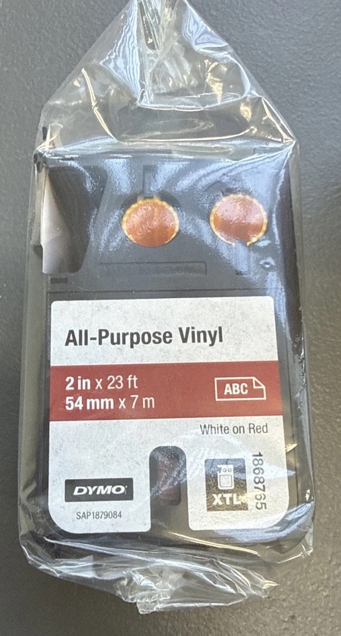 Dymo XTL 1868765 Labeling Tape, All Purpose Vinyl, White On Red, 2 in x 23 ft