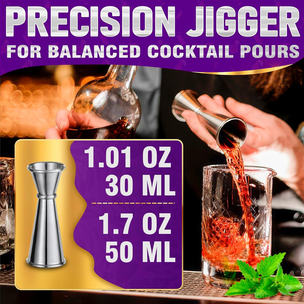 3 Pcs Muddler Set - Bar Muddler, Cocktail Spoon & Jigger for Mixing Drinks