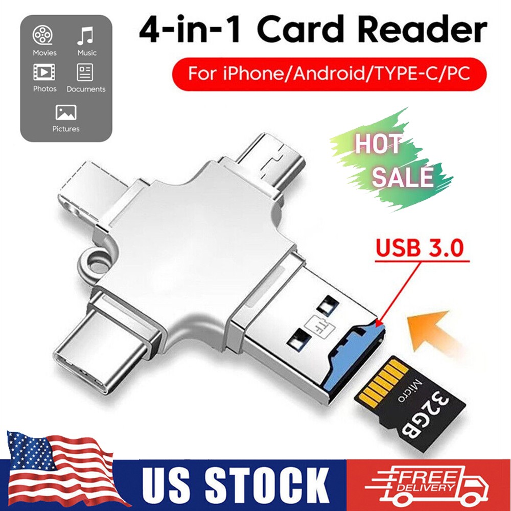 4 In 1 iOS Micro USB Type-C Micro TF Card Reader OTG for Android iPhone PC New🔥