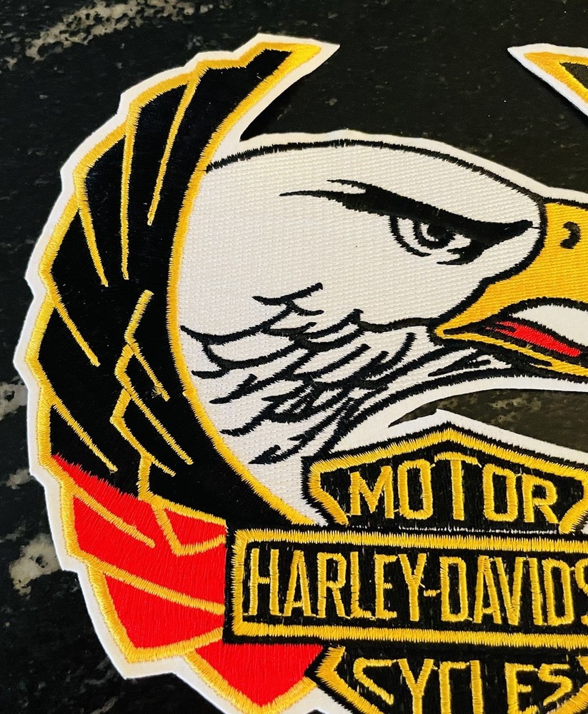 New VTG HARLEY-DAVIDSON Bar & Shield Eagle Head Spread Wings Patch 7 3/4" Large