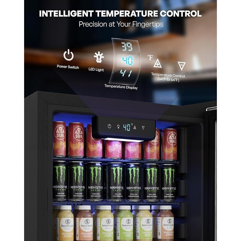 Compact Beverage Cooler 126 Can Capacity Adjustable Shelves Smart Temp Control