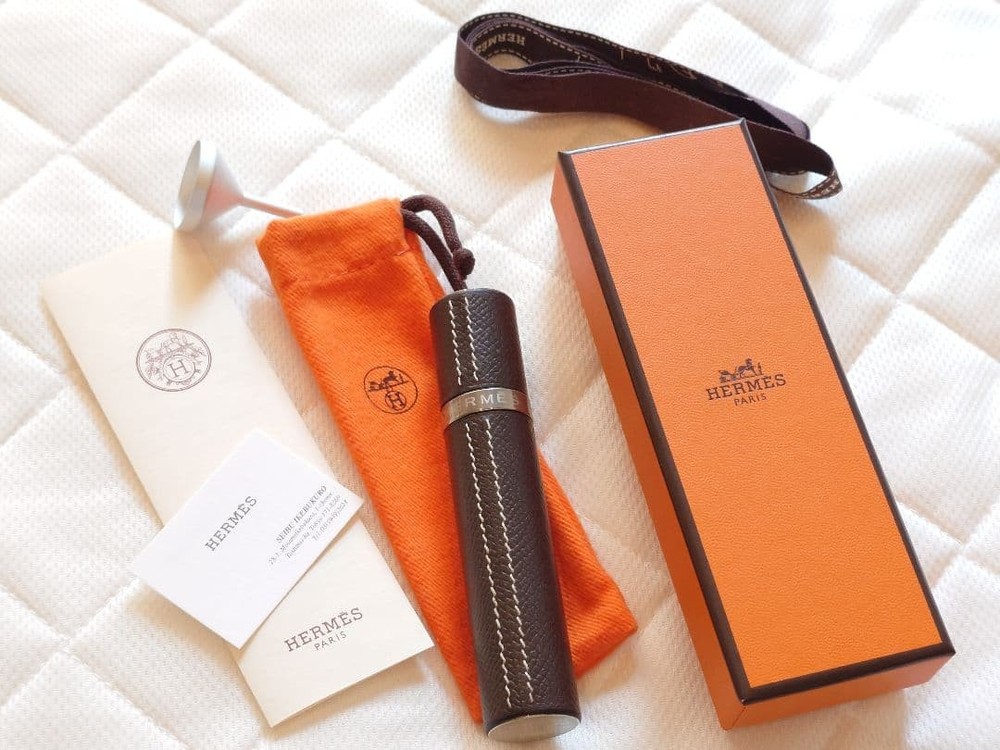 HERMES Atomizer Perfume Case Epsom Chocolate Leather Silver Hardware w/Box