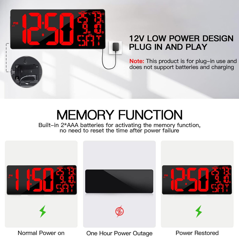 [Oversized] 18" Large Digital Wall Clock with Remote Control, Auto-Dimming Digit