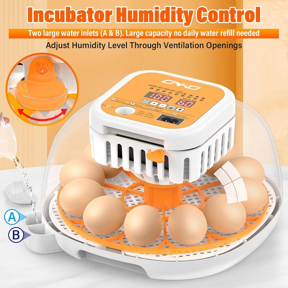 12 Egg Incubator with Automatic Turning, Humidity Control, 360° Clear View