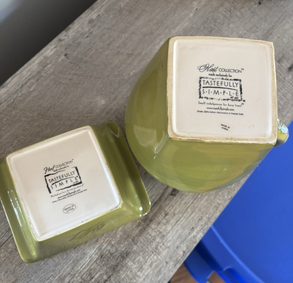 Tastefully Simple Host Collection Green Ceramic Pitcher & Dip Dish Set