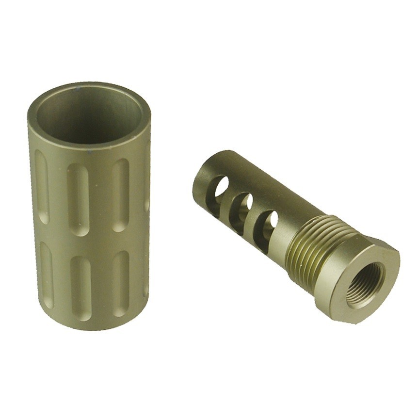 Aluminum Anodized Tan 1/2x28 TPI Muzzle Brake With 13/16x16 TPI Forwarde 9MM