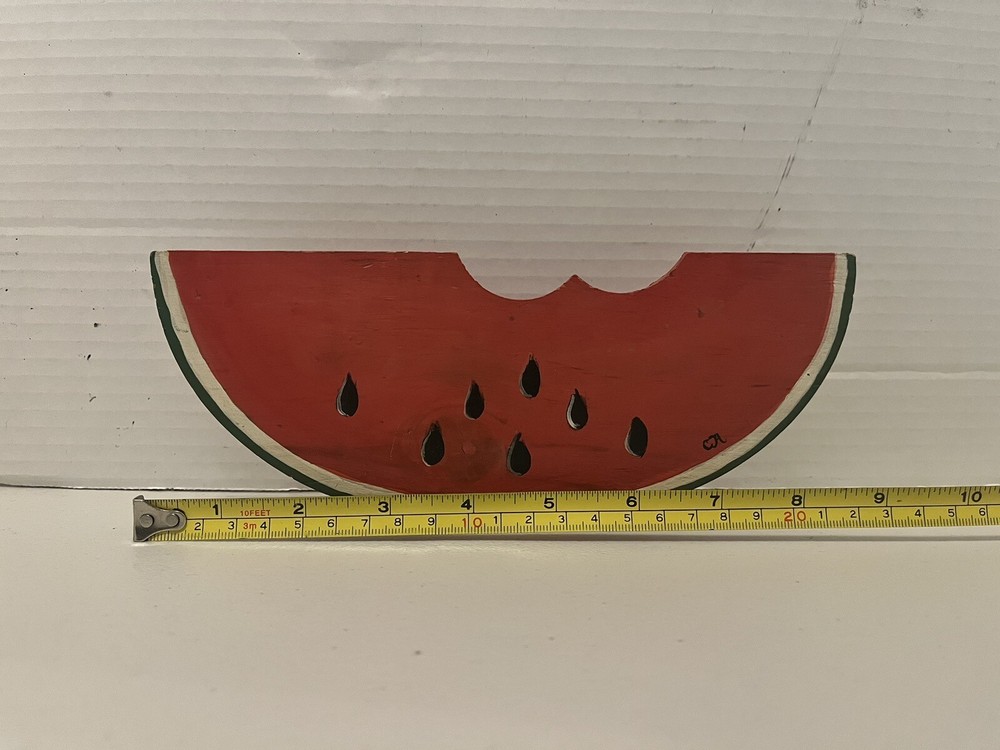 Folk Art Watermelon Slice Carved Wood Decor Rustic Primative Signed Initials ￼