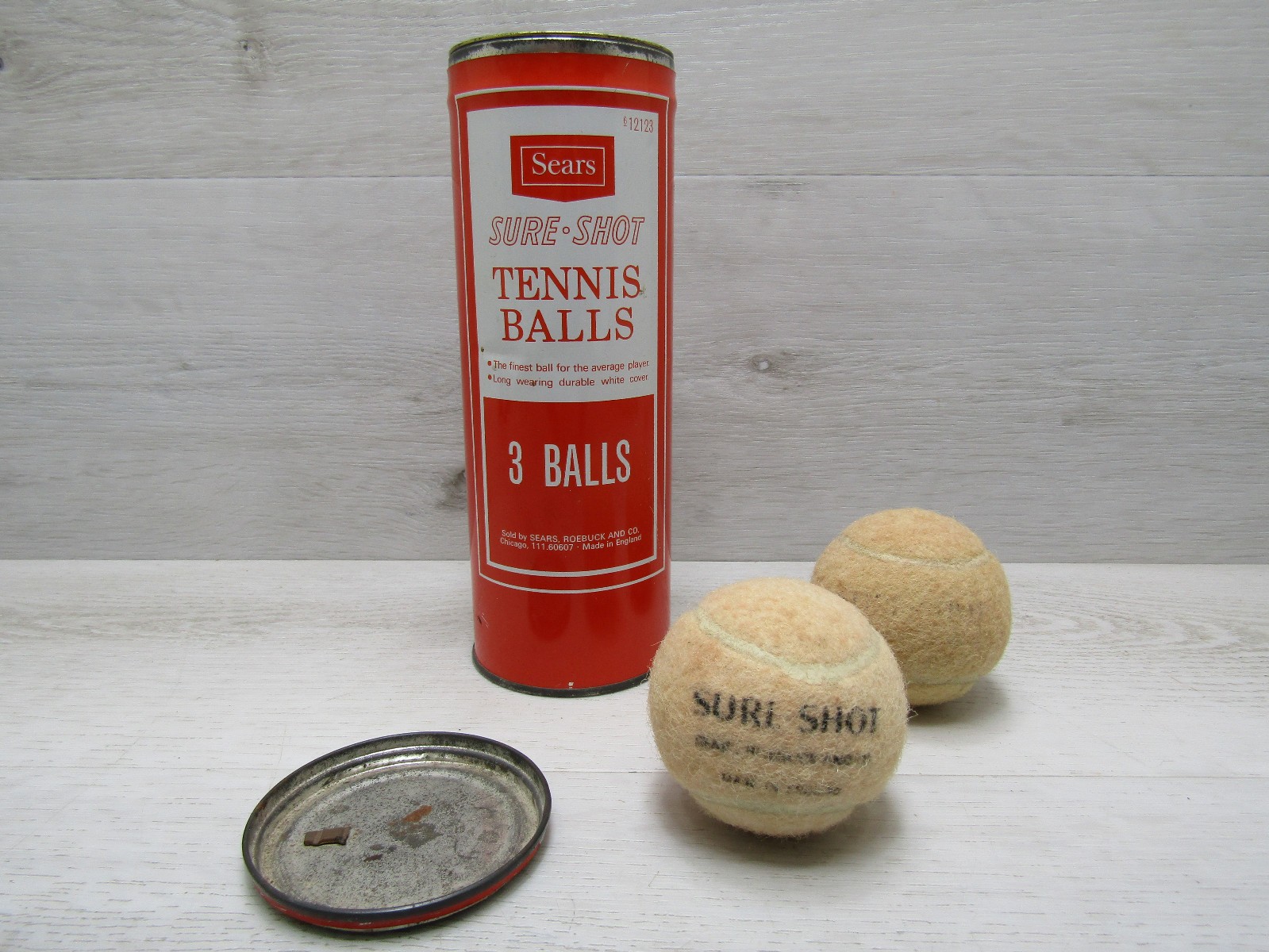 Vintage Sears Sure-Shot Tennis Ball Metal Can With 2 Balls VTG Decor England