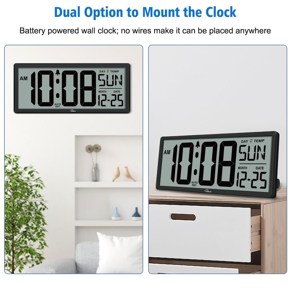WallarGe Backlight Digital Wall Clock Battery Operated - with Temperature and...
