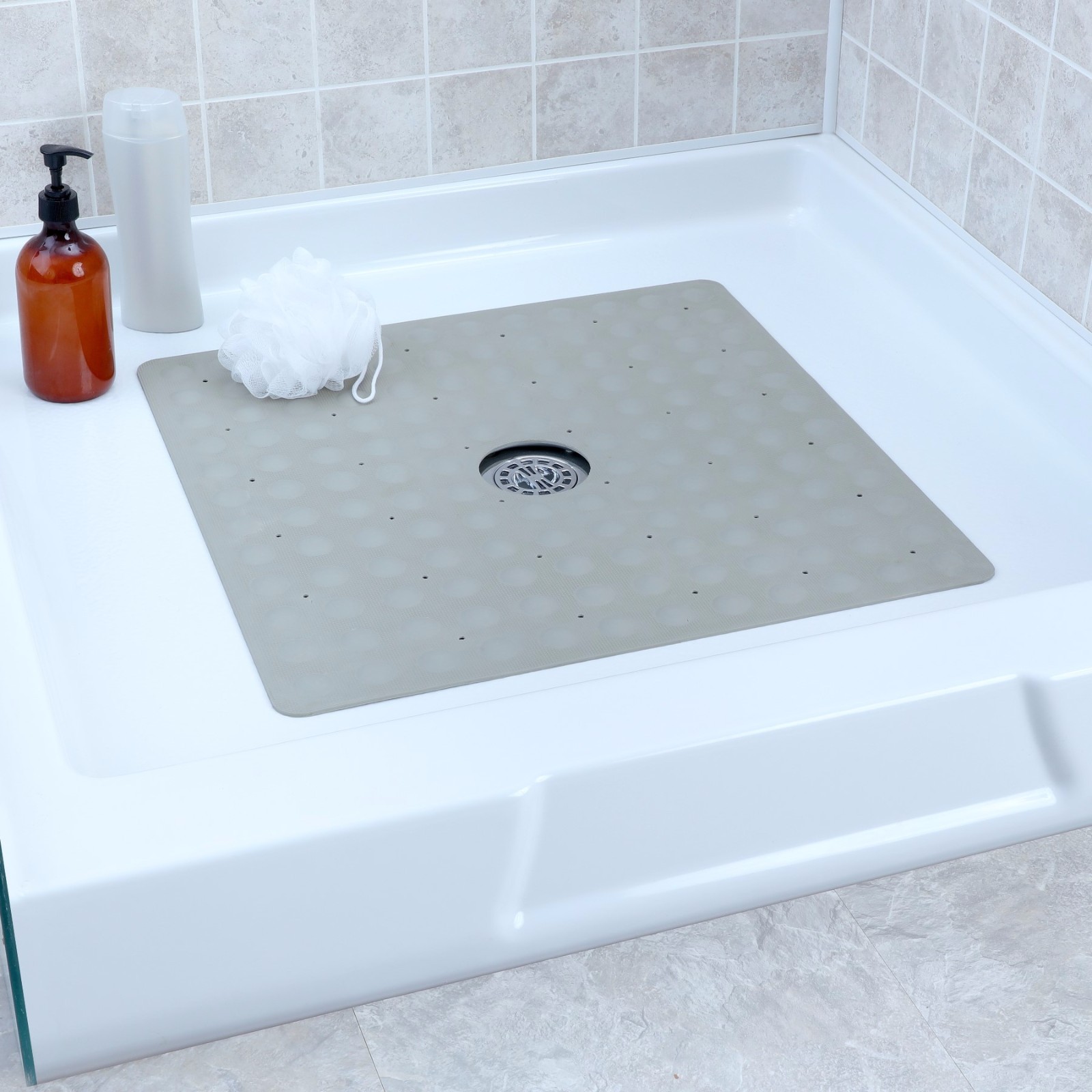 Tan Safety Shower Mat: In-Tub Mildew Resistant Suction Cup Rubber Shower Mat