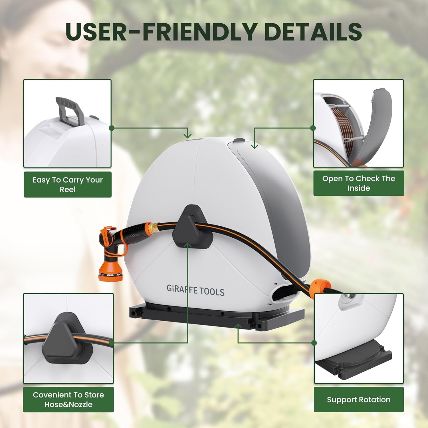 Giraffe Tools Ground Mounted Retractable Garden Hose Reel w/ 82-130FT Water Hose