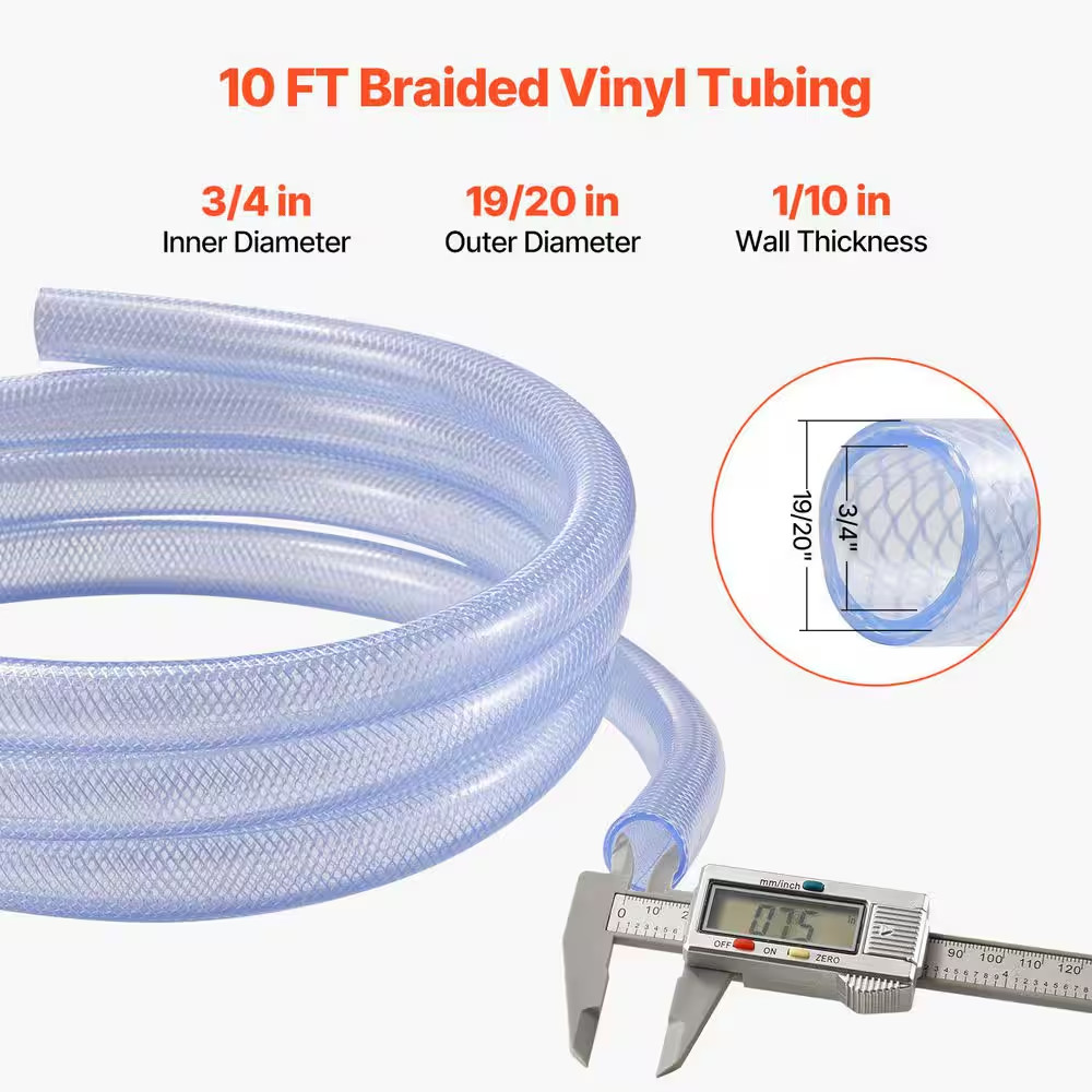 Braided Clear Vinyl Tubing, 3/4 In. ID X 19/20 In. OD, 10 FT. Plastic PVC Tubing