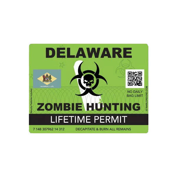 Zombie Delaware State Hunting Permit Sticker Decal