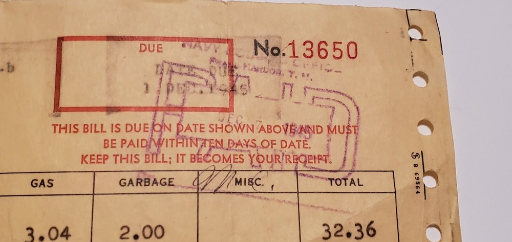 1945 Honolulu, T.H. Navy Housing Office Receipt - Hawaii Territory Navy Yard -
