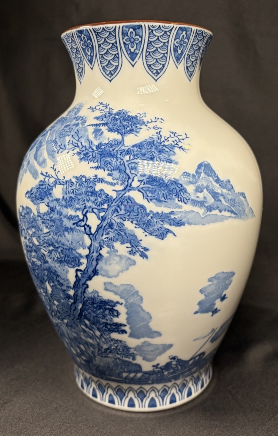 VTG Oriental Blue & White Chinoiserie Vase 9.5" Asian Mountain Pines Scene
