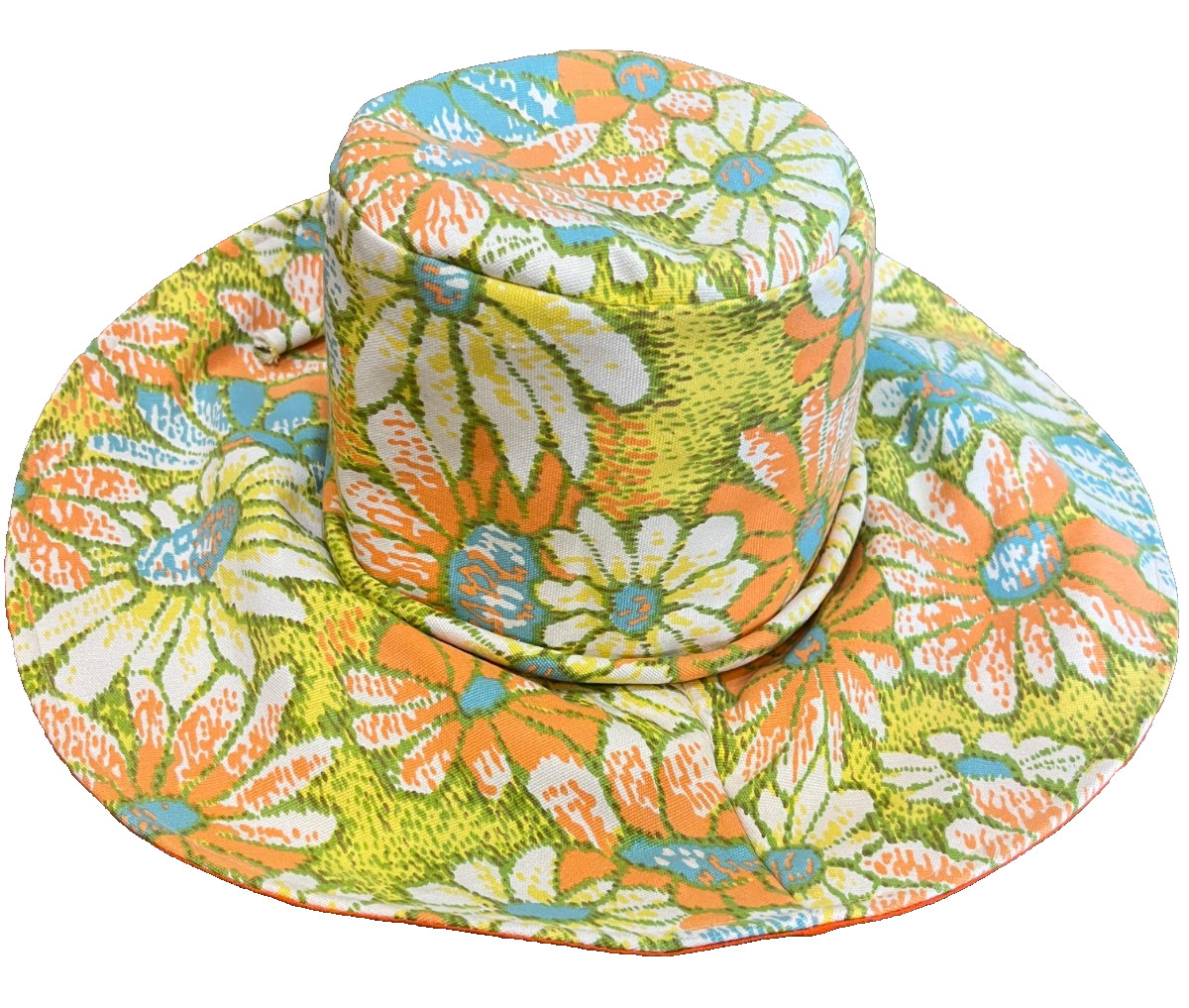 Groovy Vintage Fits All Japan Womens Floral Hat Cotton Bucket Floppy Orange Blue
