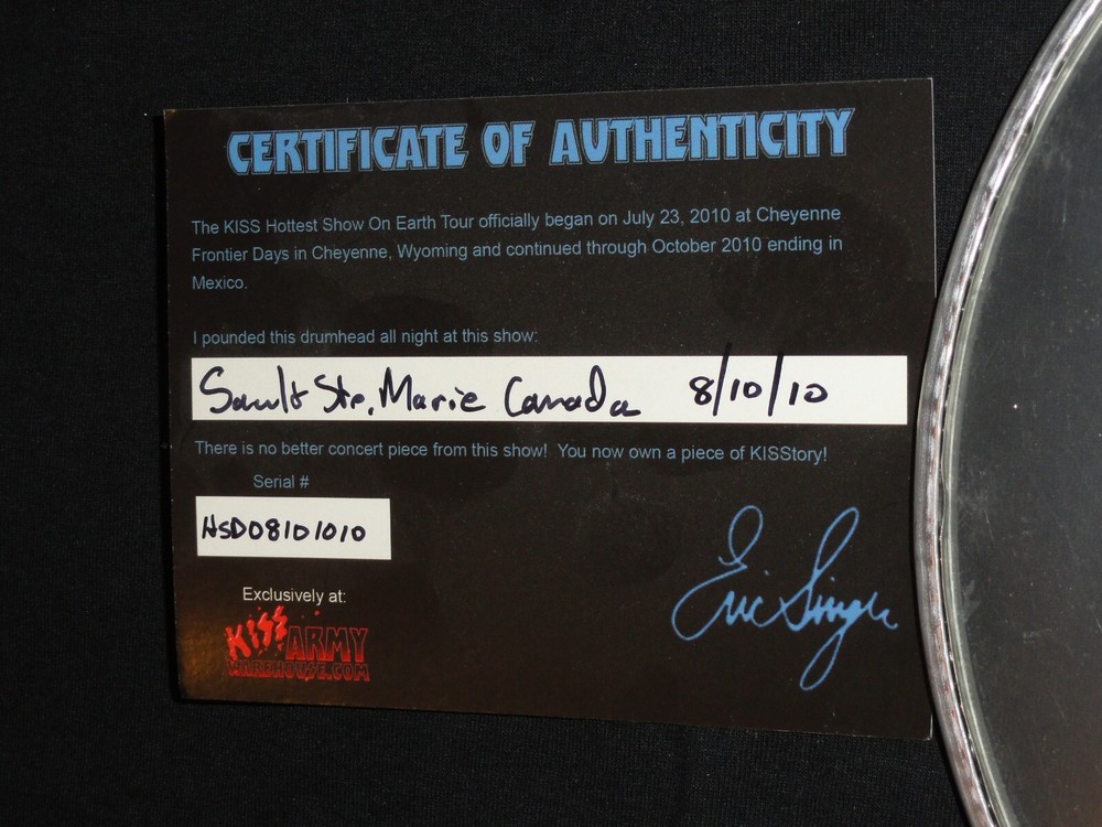 KISS ERIC SINGER Signed DRUM HEAD H.S.O.E TOUR Stage Played W/COA