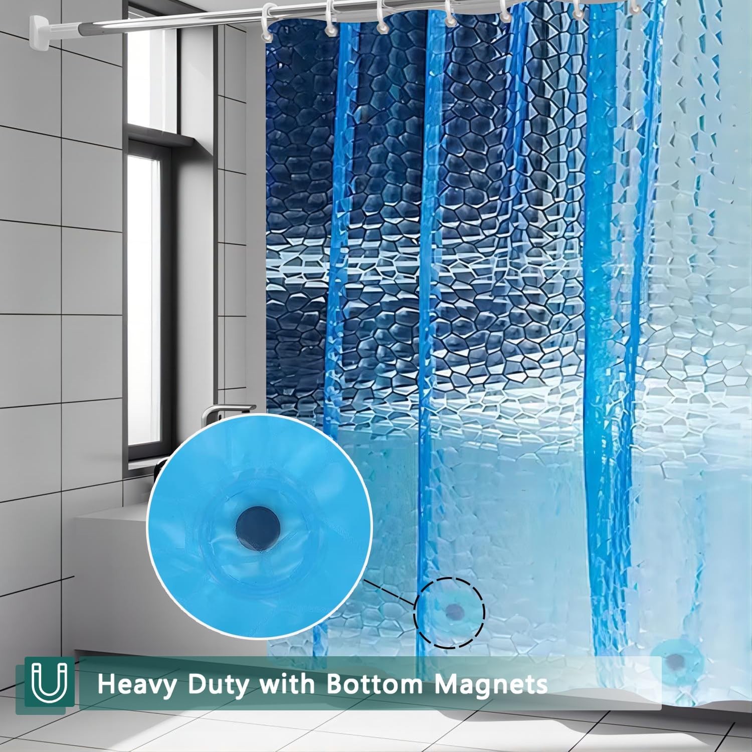 Blue Shower Curtain Liner, 100% Waterproof EVA 3D Shower Curtains with 3 Duty 12