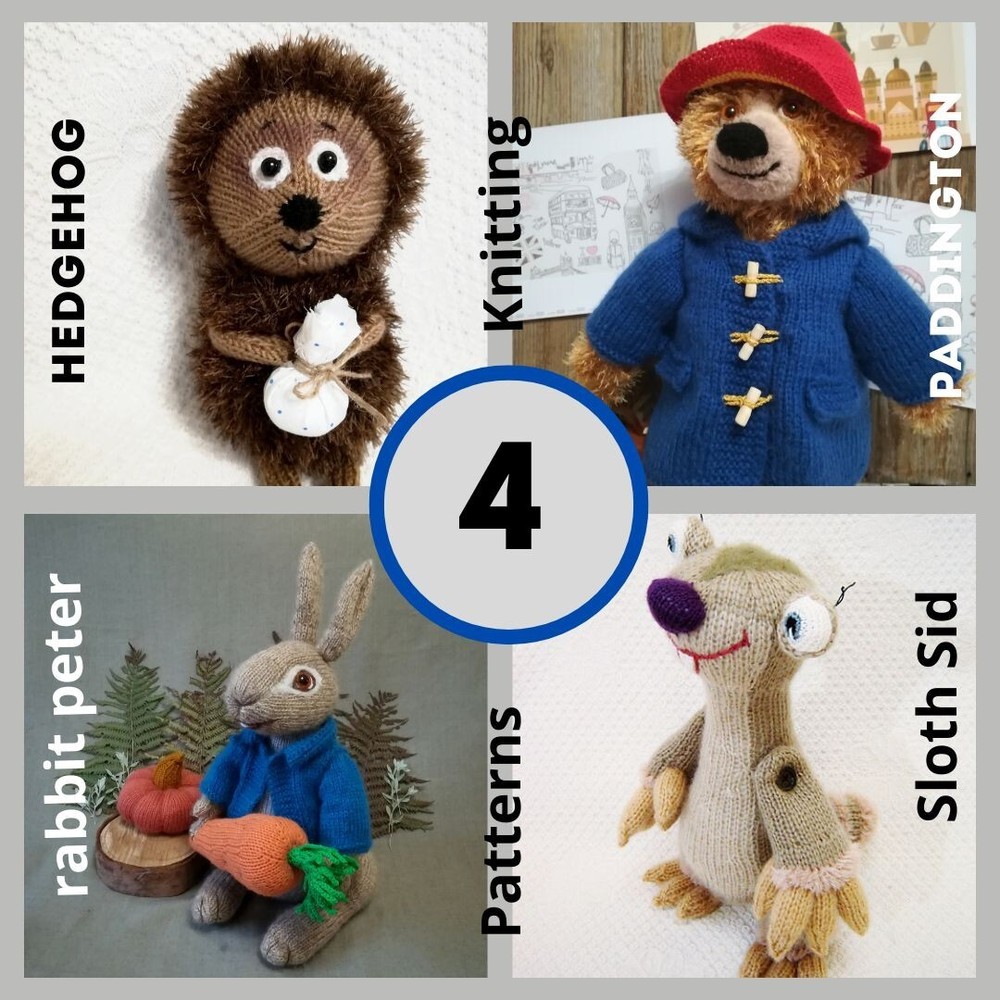 Set knitting patterns toy Hedgehog, Bear, Sloth, Rabbit knitting animal figurine