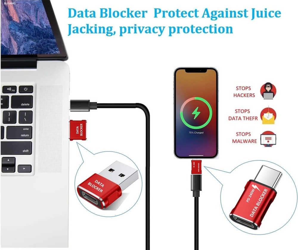 Data Blocker, USB A & C Blocker for iphone15 16 and Any C Red