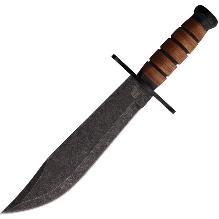 Rough Ryder Combat Fixed Knife 9.5" Stainless Bowie Blade Stacked Leather Handle