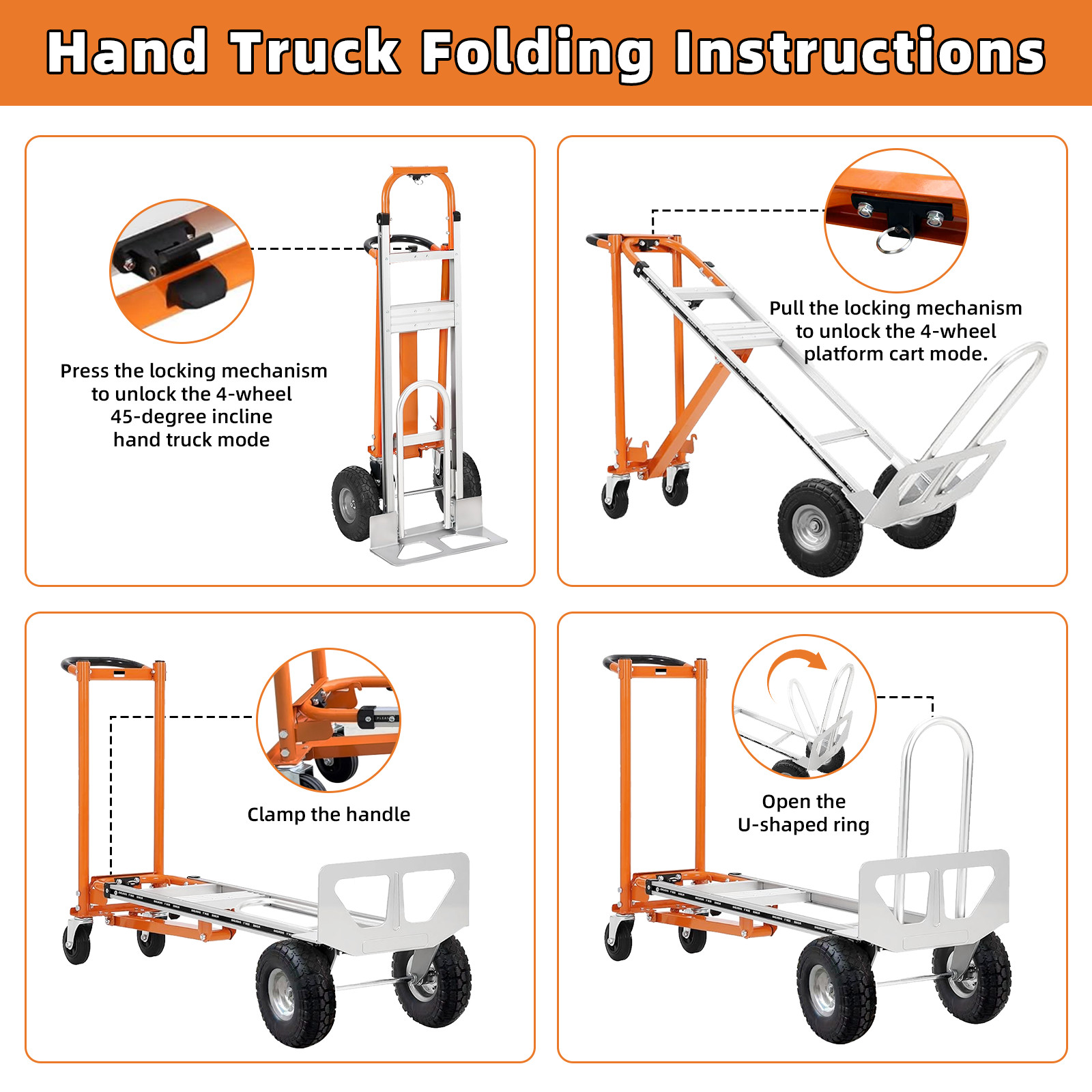 Aluminum Convertible Hand Truck 4-in-1000 Lbs Capacity Heavy Duty Dolly Cart