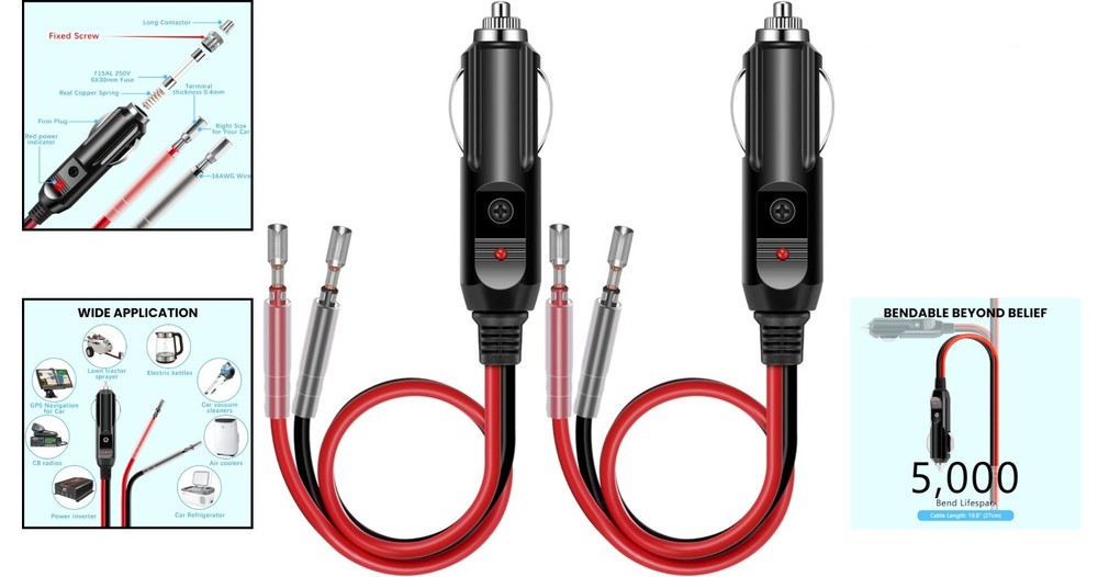 Reliable 12V Cigarette Lighter Plug with Fuse, Indicator & 1FT Cable - 2 Count