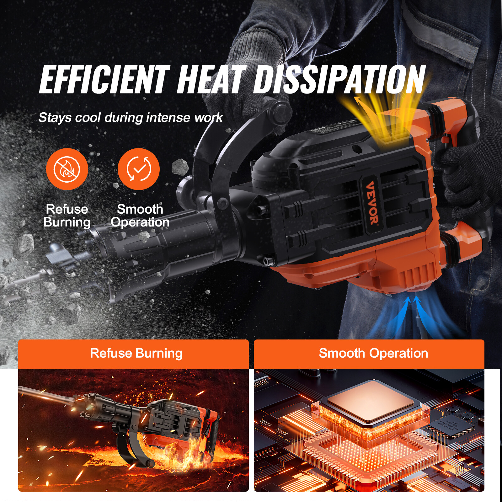 VEVOR Demolition Jack Hammer Concrete Breaker 3500W Electric 2 Chisel Bits Black