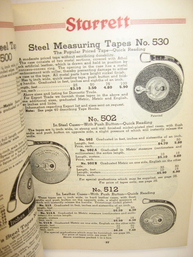 1938 Starrett Precision Tools, Tapes, Dial Indicators, Hack Saws+, Catalog No 26