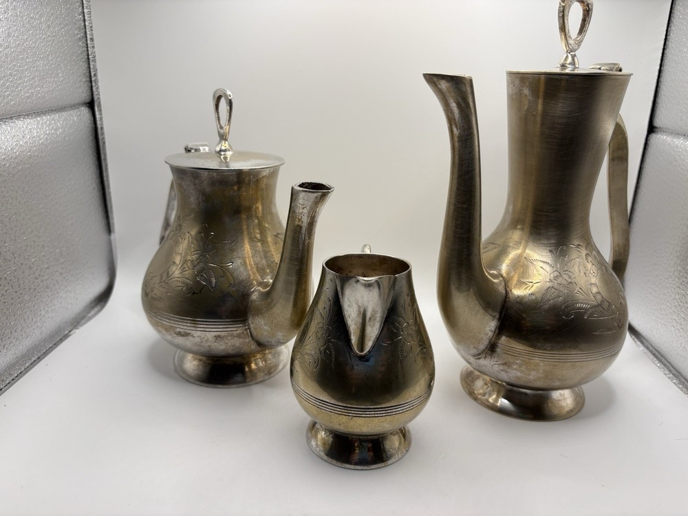Vintage SILVER PLATED Engraved Tea Coffee Set 3 Pc Teapot Coffee Pot Creamer