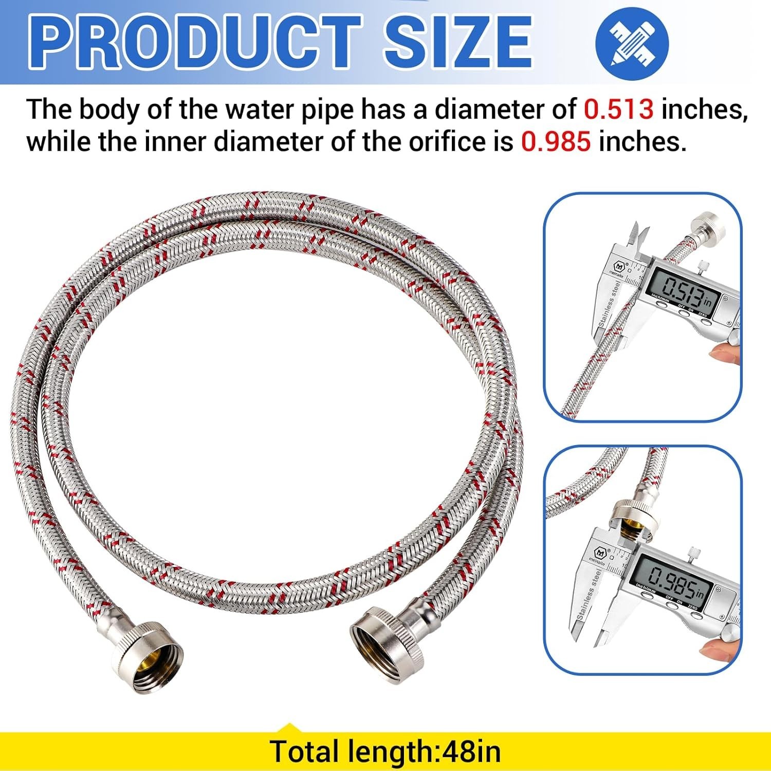 4 Ft Washing Machine Hoses, 2 Packs Premium Stainless Steel Washer Hoses Burst