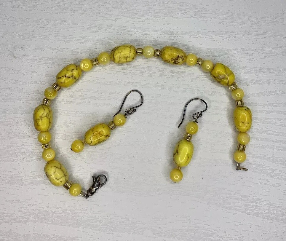 Yellow Stone Howlite Magnesite Calcite Beaded Necklace, Bracelet & Earrings Set